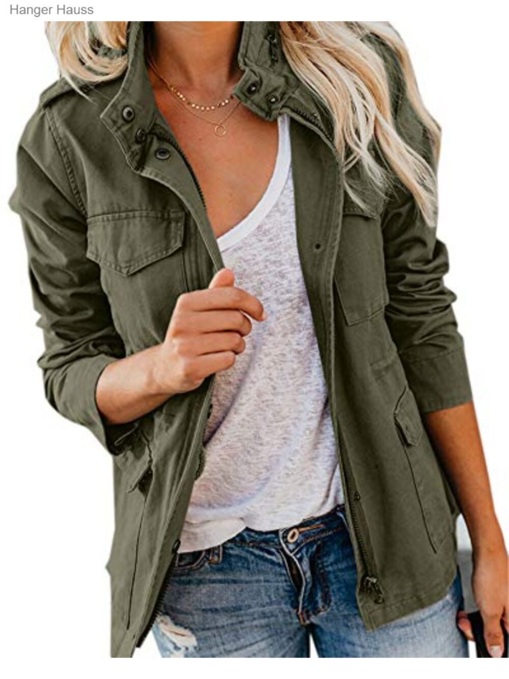 Women's Military Anorak Jacket Twill Cotton Zip Up Snap Utility Field Coat